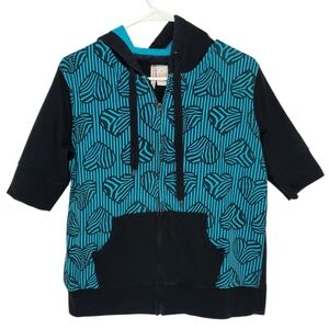 🟢7615 * Threads Blue Heart Graphic Short Sleeve Full Zip Hoodie XL